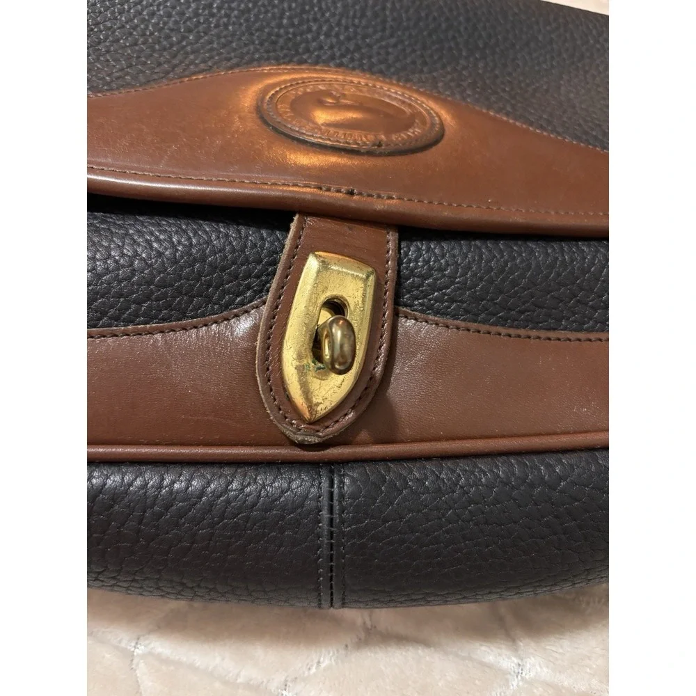 Vtg Dooney & Bourke AWL Navy Brwn Leather Satchel Crossbody Kiss Lock Wallet Set